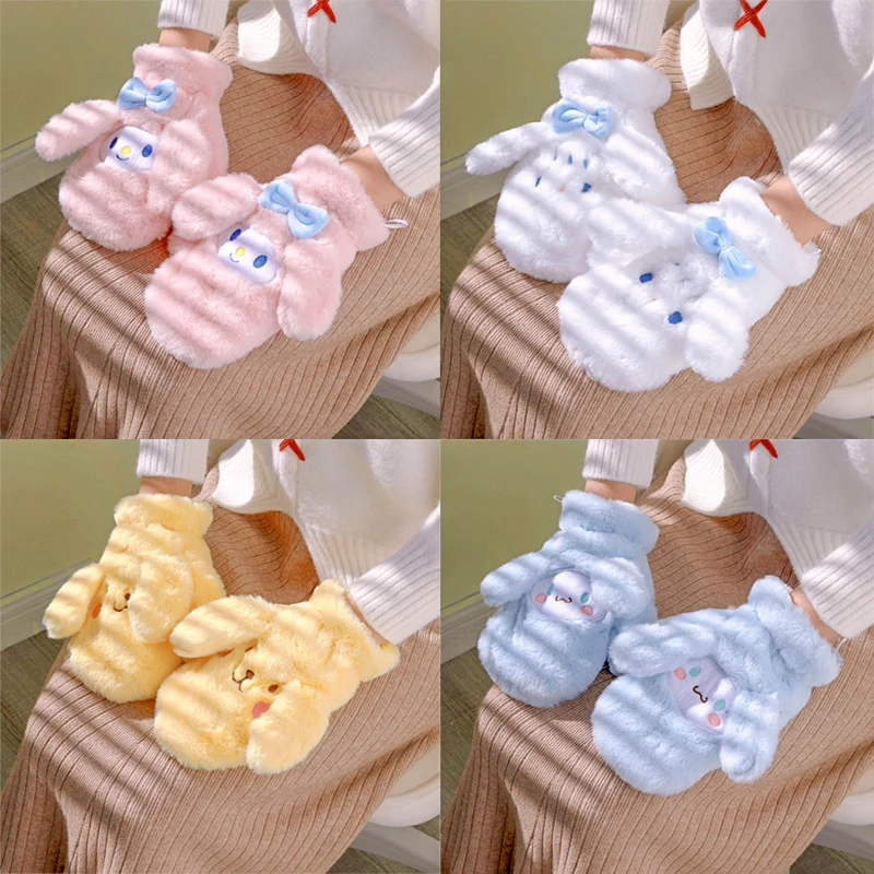 

Kawaii Sanrioed Pom Pom Purin My Melody Cinnamoroll Cute Cartoon Plush Warm Gloves New Cold Gloves for Autumn and Winter