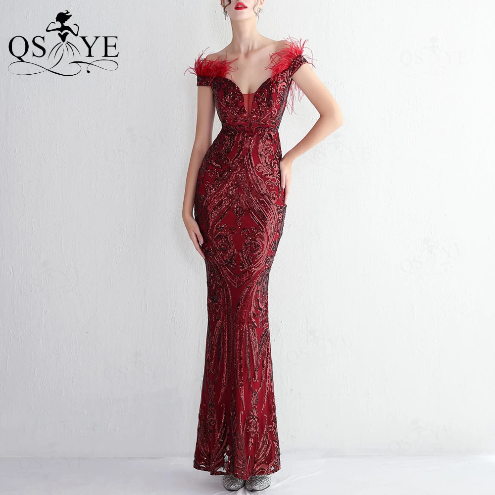 

QSYYE Burgundy Evening Dresses Mermaid Long Prom Gown Glitter Sequin Party FeatherSweetheart Red Formal Gown Sparkle Woman Dress