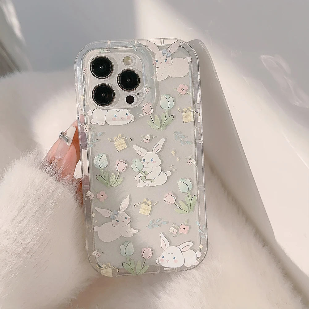 INS Flower Lovely Rabbit Bunny Bracket Case for iPhone 15 14 13 Pro Max 12 11 Pro Plus 7 8 Shockproof Transparent Cover