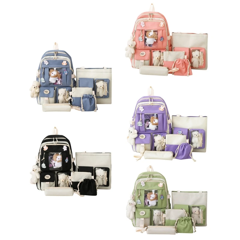 

5pcs Backpack Set for School Bookbag Teens Girls Daypack Large Capacity Shoulder Bag Handbag Pencil for Case