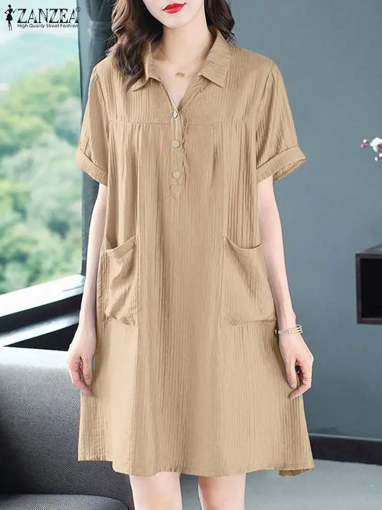 

2023 ZANZEA Elegant Summer Lapel Neck Short Sleeve Shirt Dress Oversize Casual Sundress Women Loose Work Vestido Robe Femme