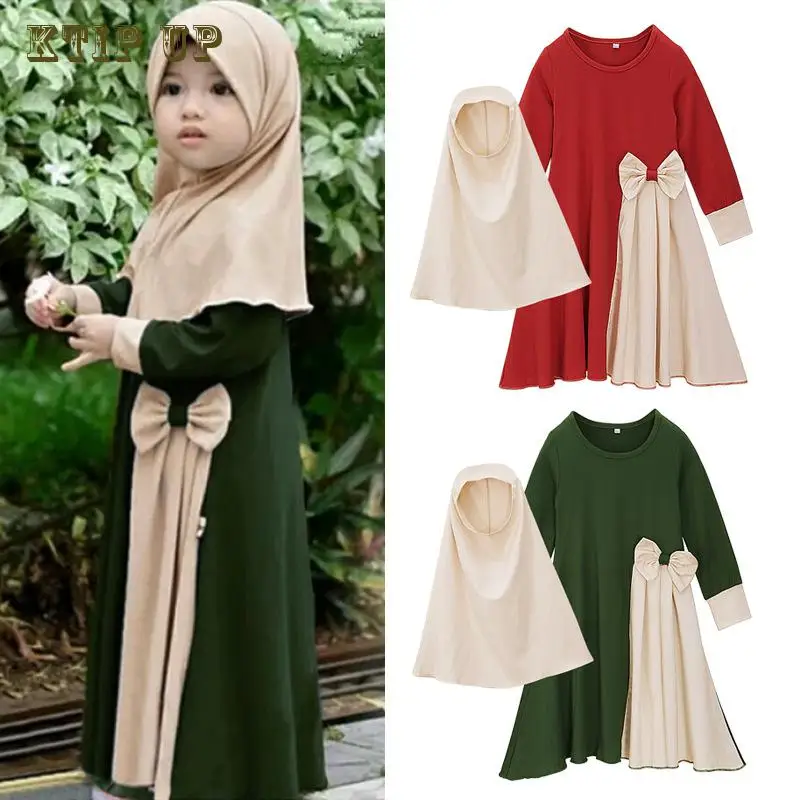 

2 шт., мусульманские комплекты Рамадан, детское Молитвенное платье для девочек, женское арабское длинное платье с шарфом для головы, исламский цзилбаб