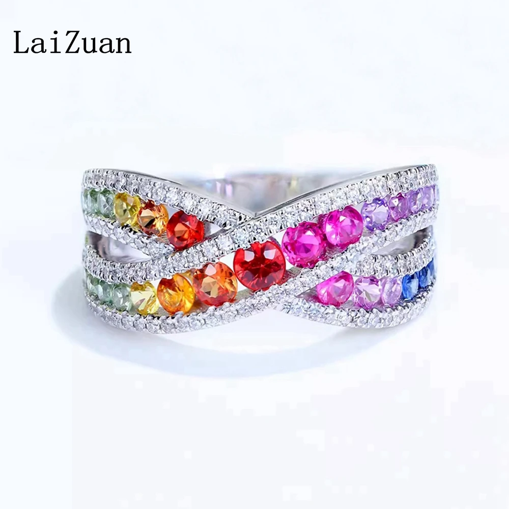 

LaiZuan Real Color Sapphires Solid 18k Gold Ring Natural Diamonds X Shaped Cross Women Band Jewelry Atmosphere Luxury Antique