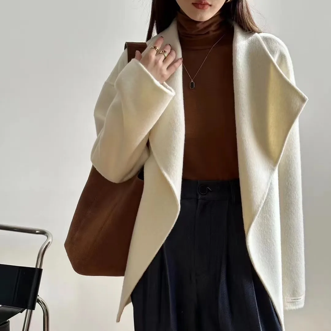 

Темпераментный халат, стильная Двусторонняя кашемировая куртка с откидным воротником, короткая стильная шерстяная куртка для женщин