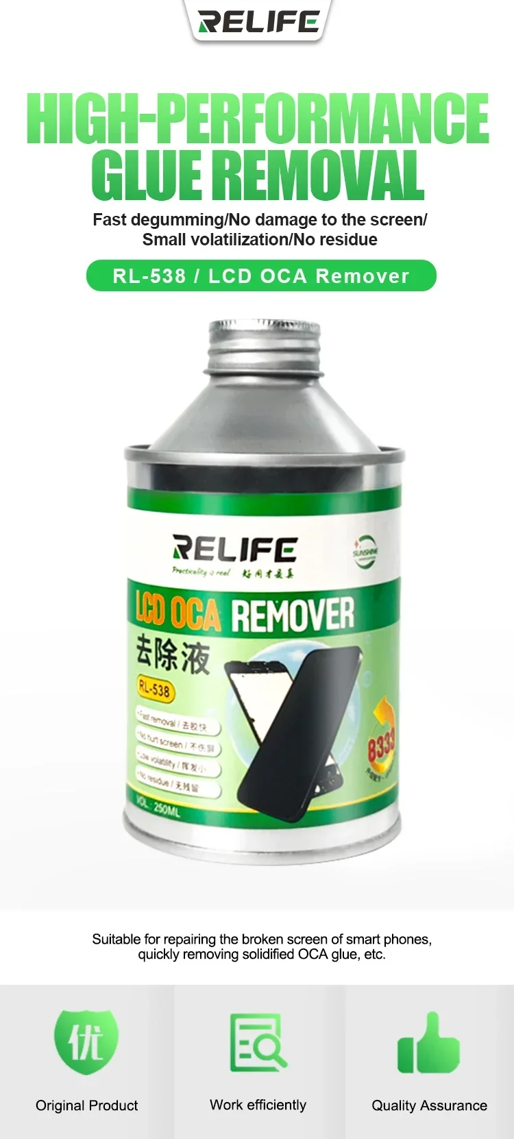 古着人気アイテム OCA Screen LCD 250ML 8333 RL-538 RELIFE Removing for Liquids カラーリング・白髪染め