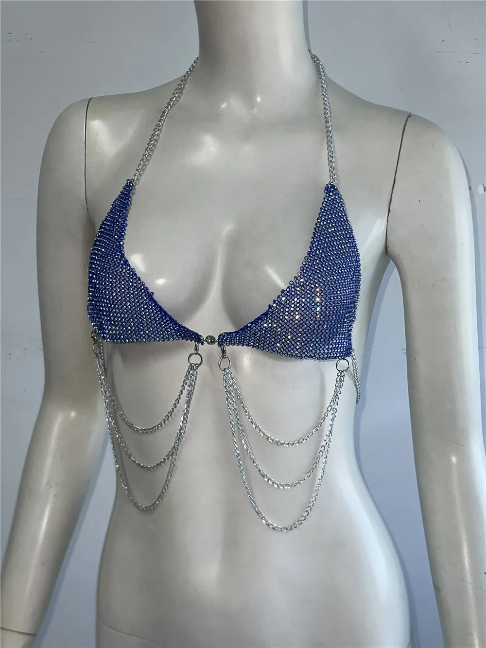Halter rhinestone crop top with metal chain details and bold shine