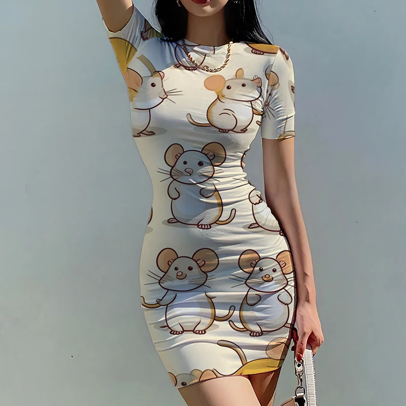 

Summer new ladies slim dress cute mouse 3D printed lady dress childlike style ladies slim dress trend fashion ladies slim dress
