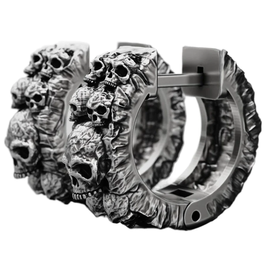 

8g Hiphop Relief Skull Street Fashion Rings 925 Solid Sterling Silver Earrings Punk