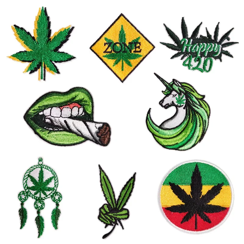 Green Leaf Embroidered Badge Unicorn Dreamcatcher Creative Cloth Appliques Smoking Zone Sign Happy 420 Iron on Patch Made embroidered patches clothing patches