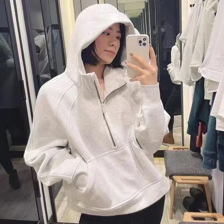 Lemon Women Scuba Hoodie Jackets Winter Warm Training Sweatshirts Gym Workout Sports Coat Thickened Thermal Half Zipper Hoodie