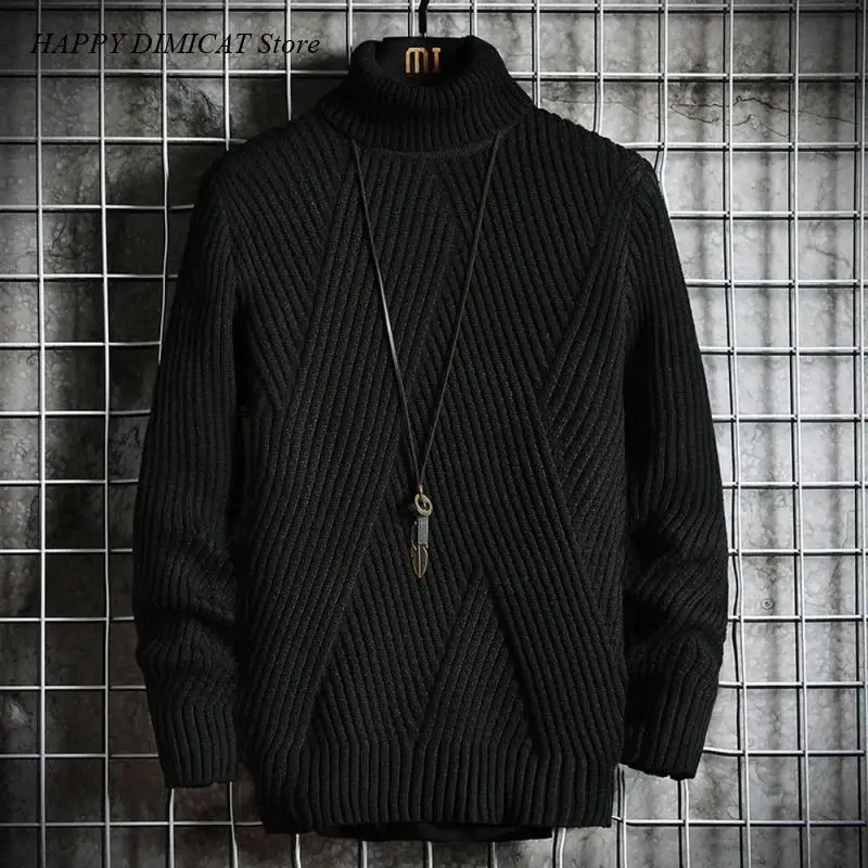 Men Solid Color Irregular Stripes Korean Fashion Sweater Mock Neck Sweater Knit Pullovers Autumn Slim Fit Fashion Clothing