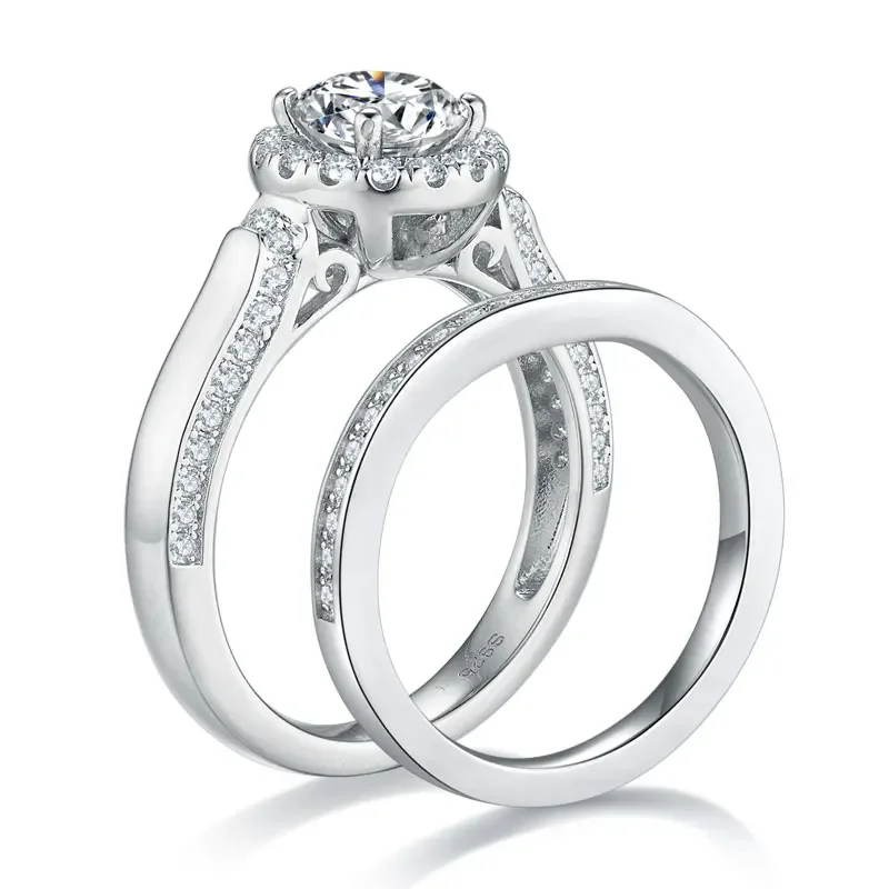Total 1.62ctw Moissanite Wedding Rings Set For Women Solid 925 Silver Engagement Ring VVS1 D Color Round GRA Certificate