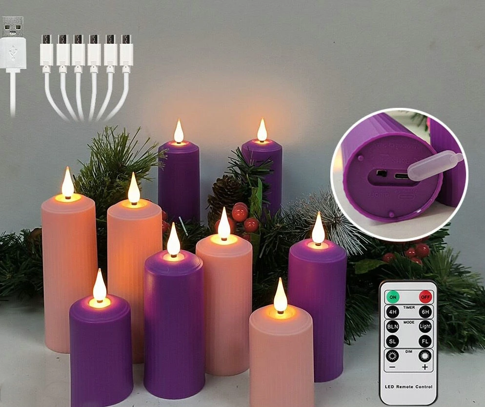 

USB Rechargeable Remote controlled w/timer led Candle Flickering Flameless Roman Pillar Candle Outdoor Waterproof Candles Light