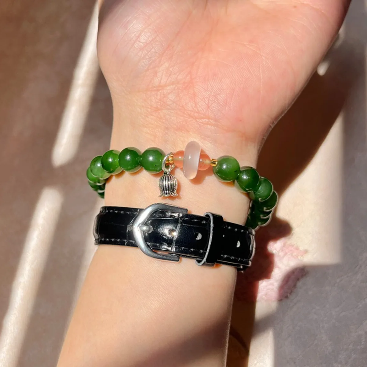 Grüne Perlen Natürliche Hetian Jade Armband Charms Weibliche Geschenk 8MM Größe Perlen Hand String Für Frauen Weibliche – Detail 8