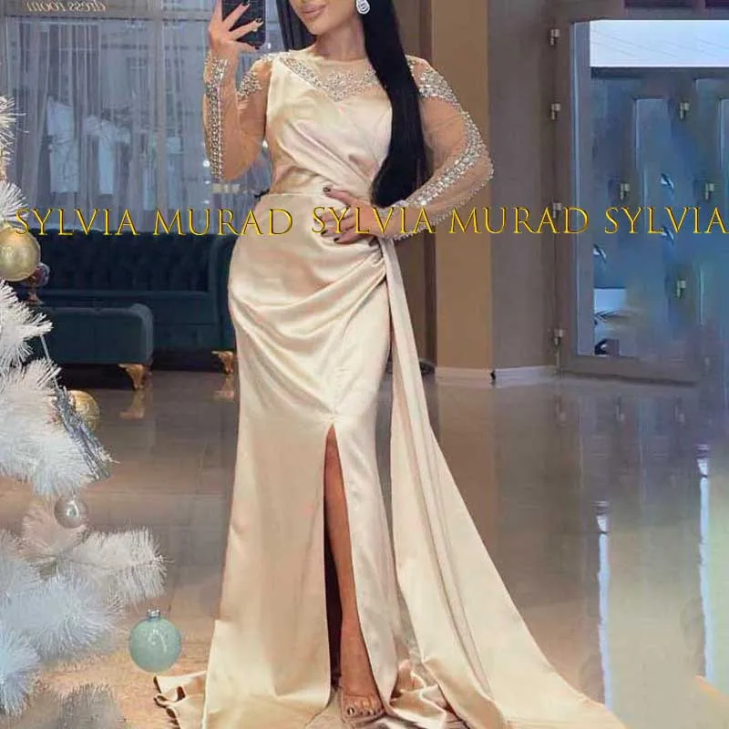 

2024 Mermaid Evening Dress Sheer Long Sleeves Side Split Appliques Beaded Trumpet Pageant Dresses For Women