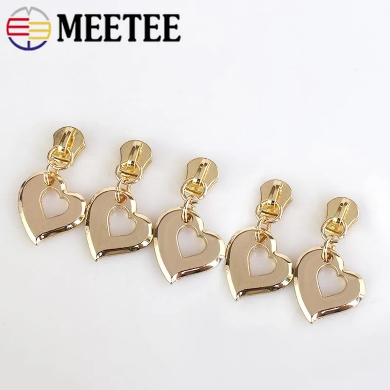 Meetee 5 Heart Gold Metal Zipper Slider for Metal Zipper Puller DIY