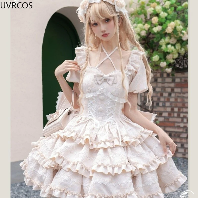 Victorian Vintage Sweet Lolita Dress Women Kawaii Cute Bow Ruffless Short Sleeve Trailing Princess Dresses Gothic Y2k Mini Dress