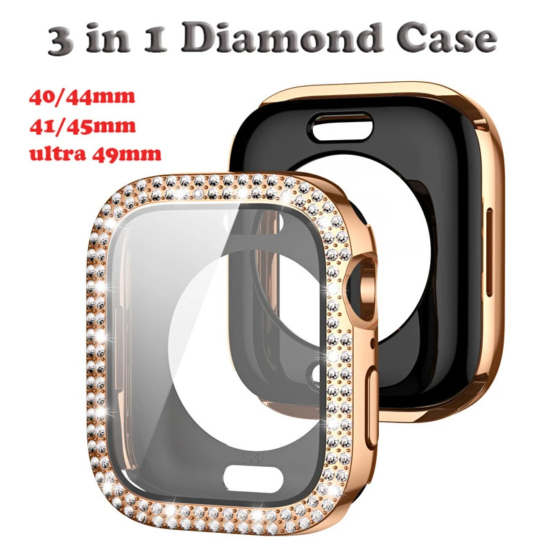

Diamond Case + Back cover For Apple Watch 7 8 45mm 41mm 49mm 44mm 40mm Glass Screen Protector Cover Bumper iWatch 4 5 SE 6 Ultra