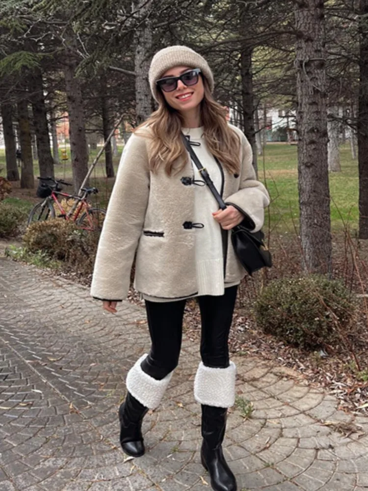 

Women Lamb Plush Casual Jacket Fashion Elegant Solid Long Sleeve Thicken Warm Female Coat 2023 Chic Winter Lady Street Outwear