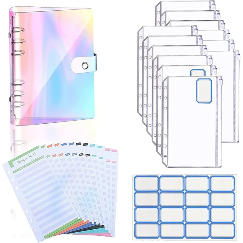 

A6 Binder PVC Notebook Cover Binder Budget Envelopes Organizer 6-Ring Binder Cover With Zipper Pockets,Budget Sheets