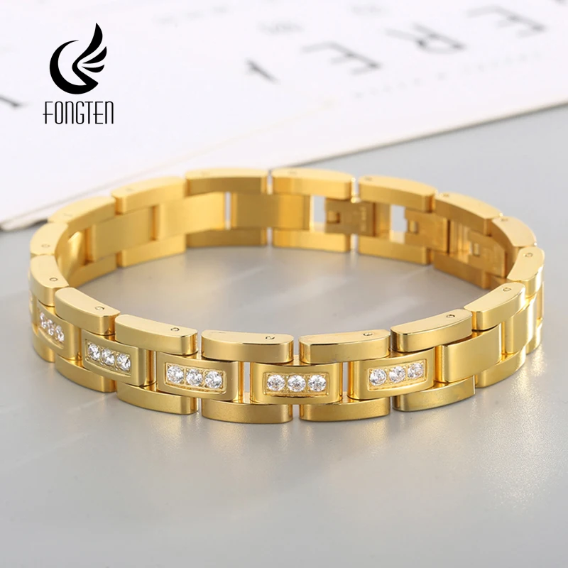 Fongten Watchband Chain Women Men Bracelets Rhinestone Stainless Steel Wrist Charm Bangle Bracelet For Men Gold Color Jewelry