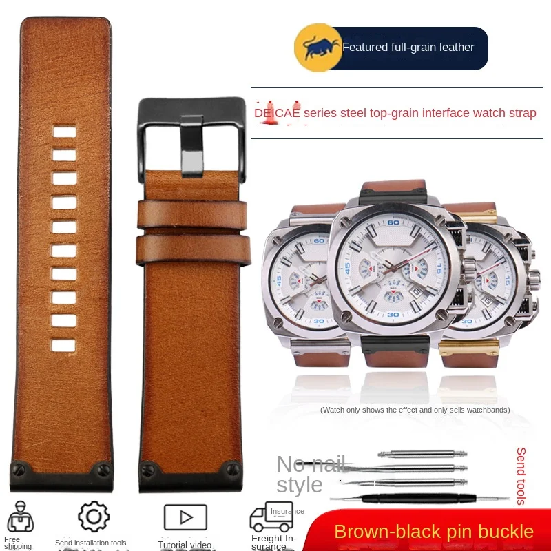 Vintage Brown Leather Watch Strap, 26mm Retro Men's Bracelet