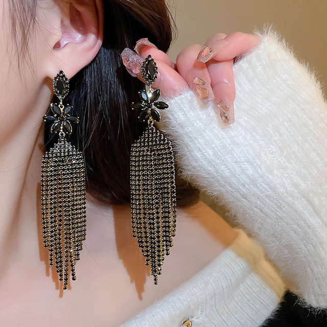 Tassel gold plated black crystal earrings at 1200  Azilaa