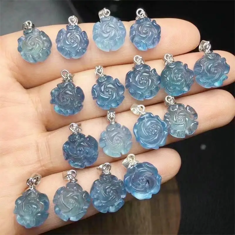 

S925 Natural Aquamarine Flower Pendant Crystal Gemstone DIY Necklace Bracelet Fashion Jewelry Healing Fengshui Gift 1pcs