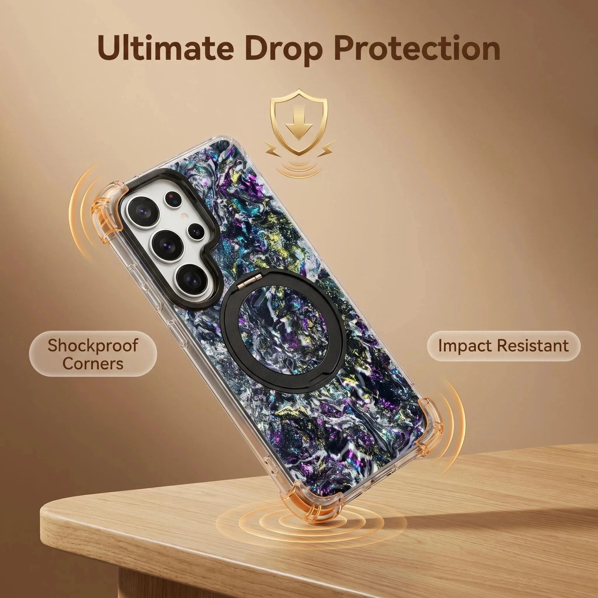3-in-1 Gradient Flash Transparent Phone Case with Built-In Magnetic Ring Stand