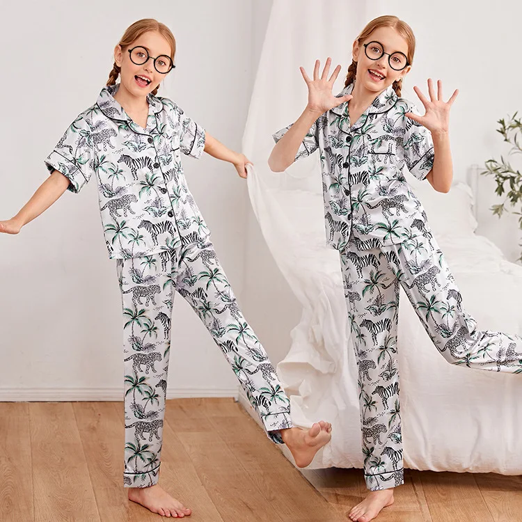 Satin Girls Pajamas Set Stripe Printed Summer Childreen Pijama 2 Pieces Short Sleeve Sleepwear Silk Gril Homewear Casual Long cotton pajama sets Sleepwear & Robes