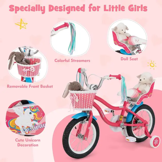 Children's 16/18 Inch Bike with Basket, Streamers, Training Wheels, Handbrake & Rear Brake for Ages 4-8
