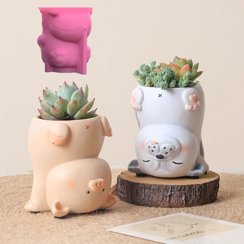 Desenhos animados Flip Suculentas Plant Flower Pot, Panda Resina Silicone Mold, Gato bonito e porco, Gesso De Cimento Concreto, Caixa de armazenamento DIY