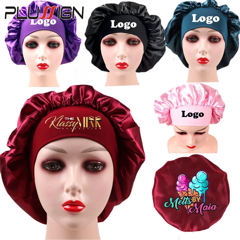 5Pcs Custom Logo Large Pink Satin Bonnet For Wig Silk Bonnet For Sleeping Female Sleeping Caps With 6Cm Wide Edge Wrap Beanie