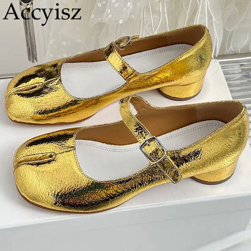 

Chunky Mid Heels Pumps Women Genuine Leather Sandals Split Toe Solid Color Buckle Single Shoes Ladies Spring Retro Party Shoes