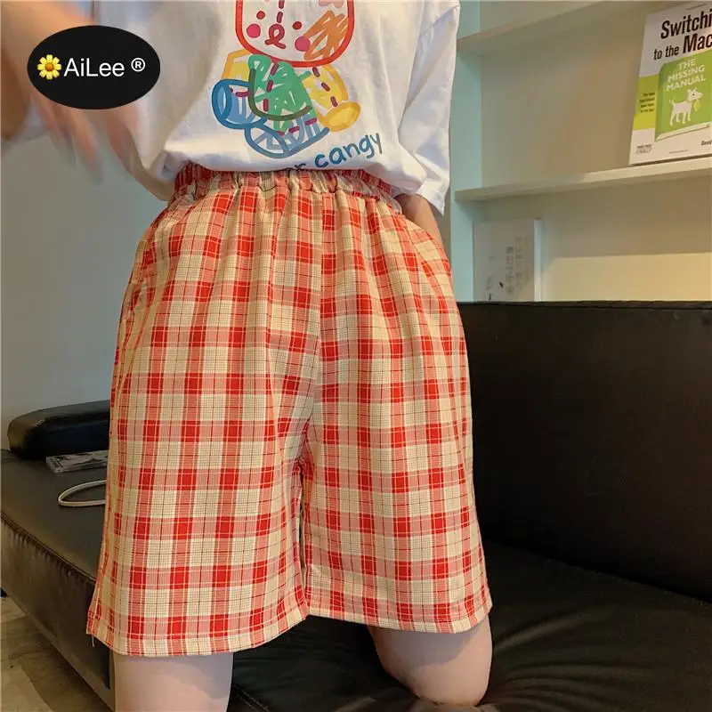 

Summer Women Bermuda Casual Shorts Loose Straight Cotton Beach Plaid Shorts Knee Length Pocket Elastic High Waist Punk Shorts