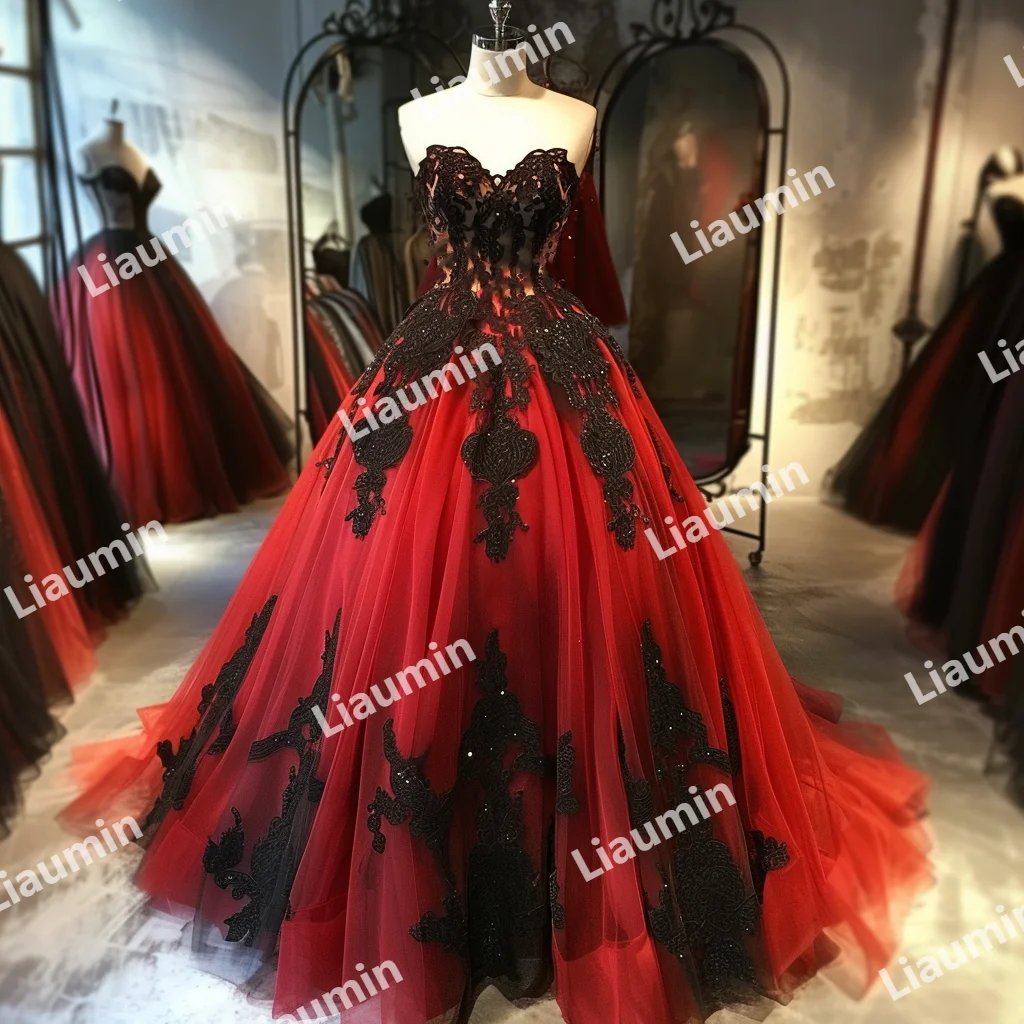 

Red Tulle Black Lace Applique Strapless Ball Gown Prom Wedding Formal Dress Evening Party Lace Up Back Clothing Custom A3-1.15