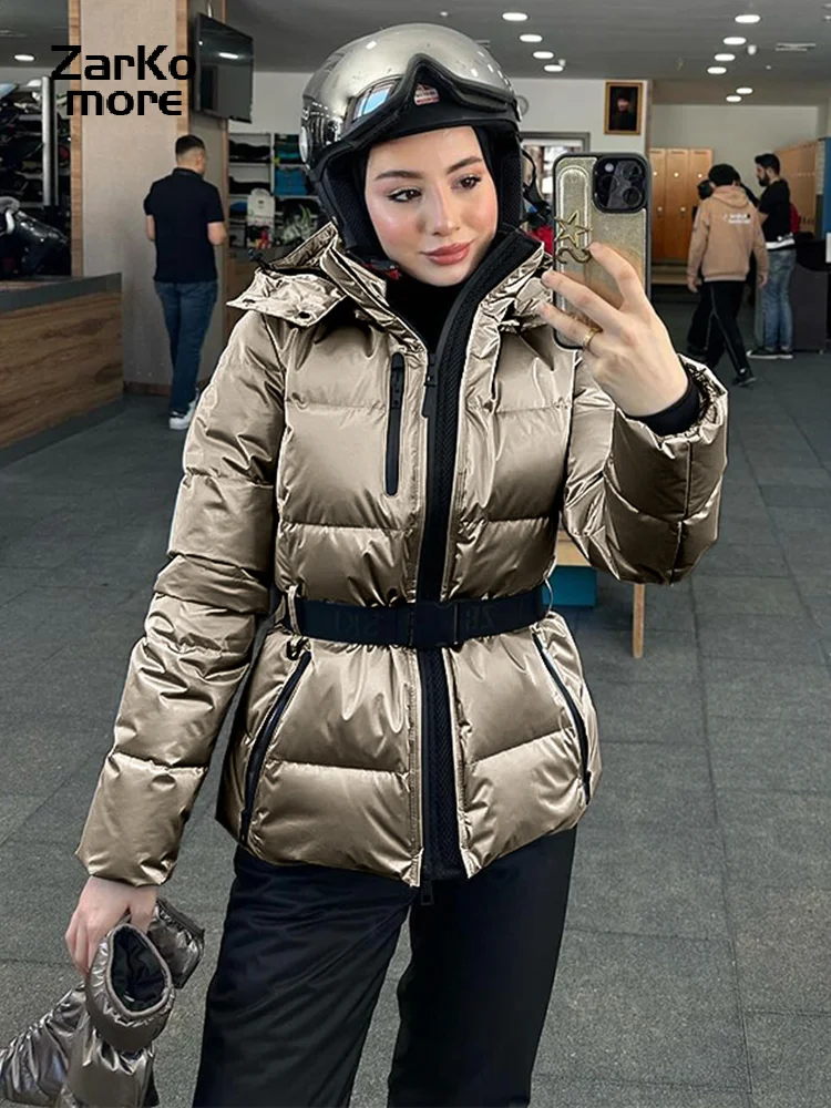 Winter Hooded Down Jackets Women With Belt Warm Thick Long Sleeve Stand Collar Parkas Padded Coats 2025 Lady Sports Ski Outdoor
