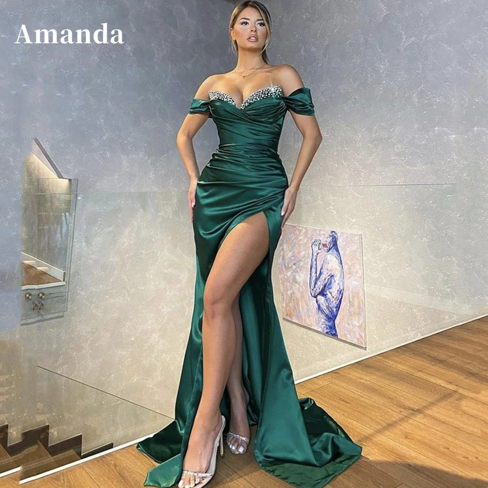 

Amanda Off Shoulder Prom Dress 2023 Sequins Chest Formal Occasion Dresses Side High Split فستان سهرة Silk Mermaid Party Dress