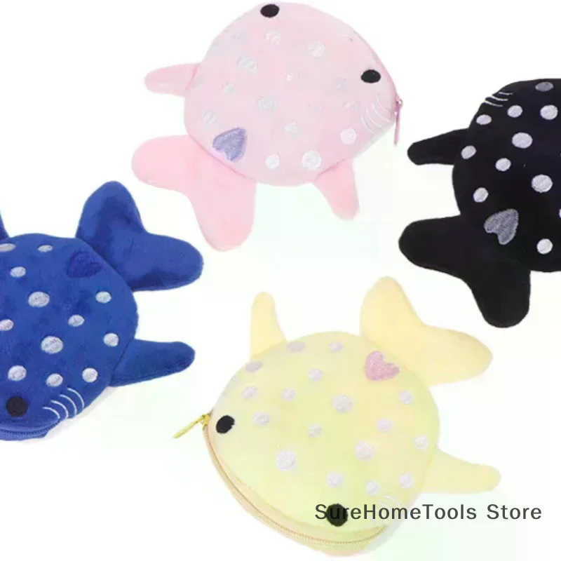 Cute Cartoon Shark Plush Coin Purse Zipper Zero Wallet for Kids Soft Animal Pendant Data Cable Bag Storage Pouch Girls Boys Gift
