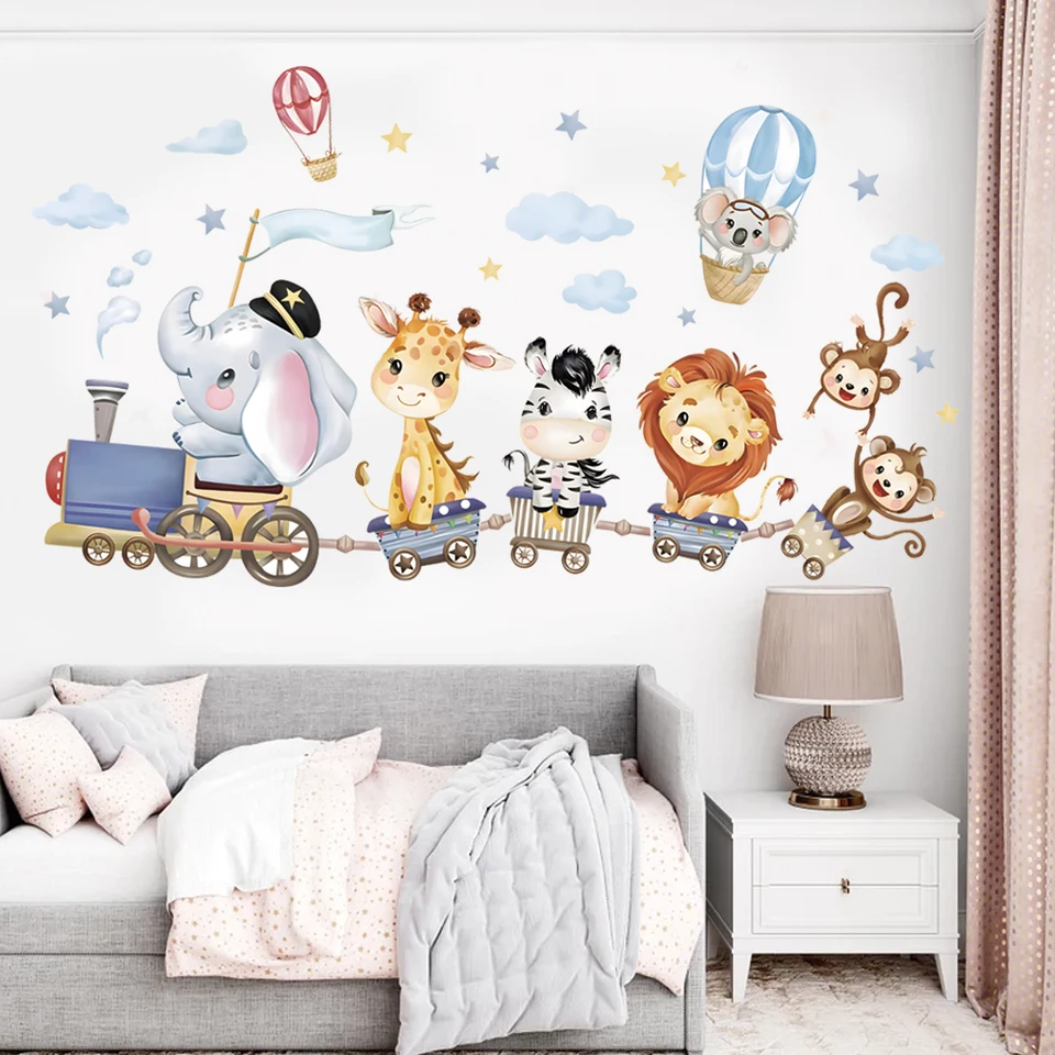Cartoon Animals Ride On Small Trains Bedroom Decals Wall Stickers For kids  Rooms Children Bedroom Wall Decals 3d vivid Poster - AliExpress, image size:960x960