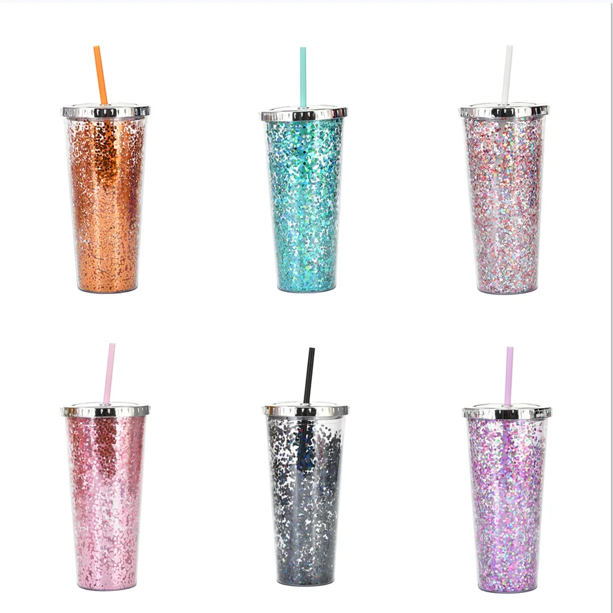24OZ/710ml Water Cup With Straw Glitter Double Wall Wavy Edge Straight  Tumbler Juice Iced Coffee Cup Daily Use - AliExpress