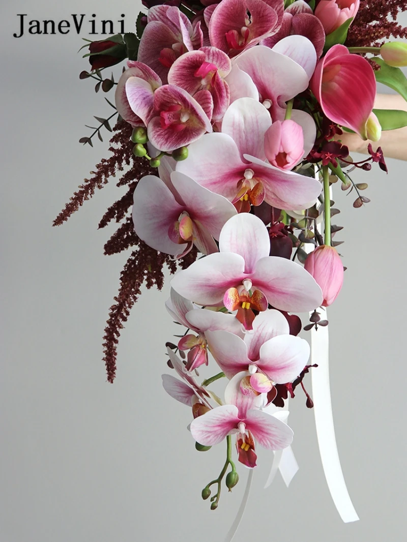 JaneVini Romantic Waterfall Bridal Bouquets Wedding Flowers Artificial Butterfly Orchid Cascading Bouquet Accessories for Bride