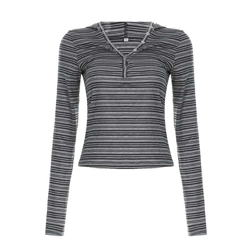 Casual Striped Breasted Long Sleeve Hooded T-Shirts Women Design Slim Fit Simple Fashion Blouses 5