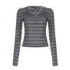 Casual Striped Breasted Long Sleeve Hooded T-Shirts Women Design Slim Fit Simple Fashion Blouses 5