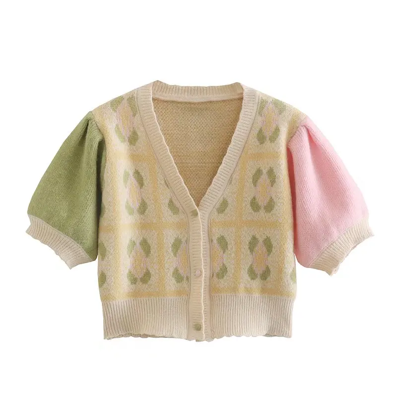 white sweater 2022 Newest Women asymmetrical print sweater cardigan Fashion Short puff sleeve Female Knitted crop tops Coat Jumper INKEO 2O019 green sweater