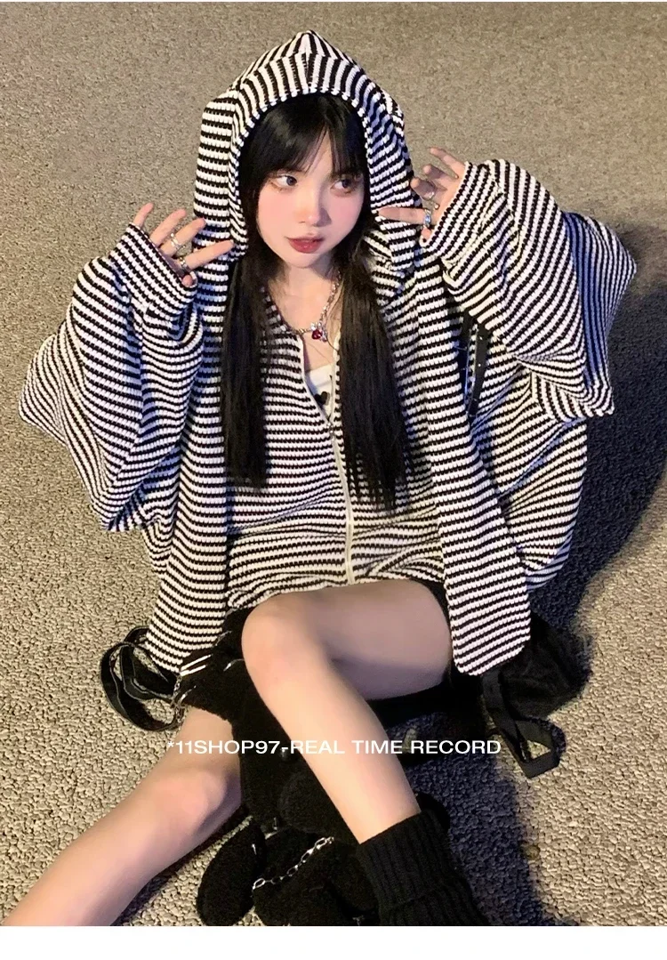 Japanese Harajuku Striped Long Rabbit Ears Hooded Knit Cardigan