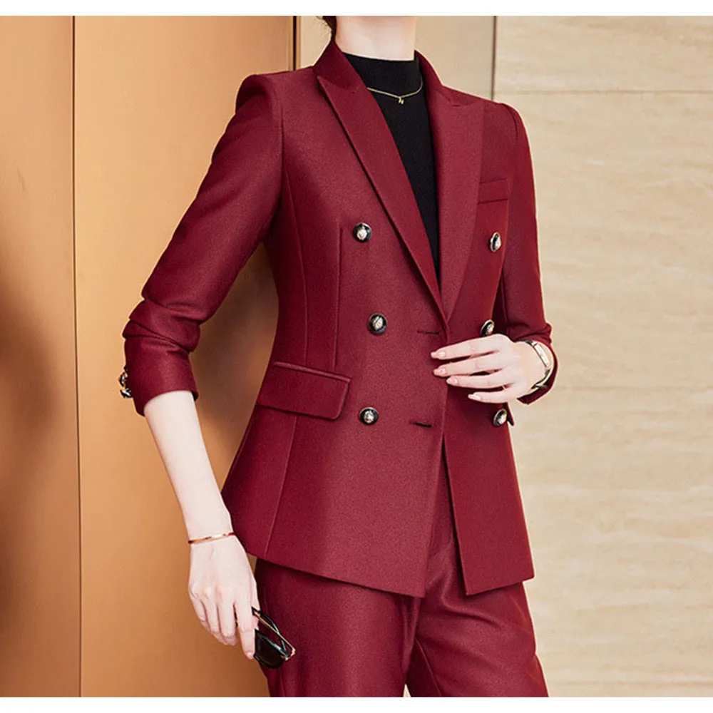 Tesco Office Women Suit Red Blazer+Pants Formal Business Outfits For Professional Female Autumn Winter Interview Jacket 2 Piece