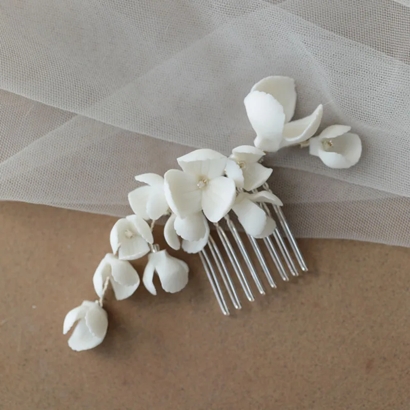 SLBRIDAL Handmade Crystal Rhinestone Ceramic Flower Wedding Headband Hair Comb Earring Set Bridal Hair Accessories Women Jewelry