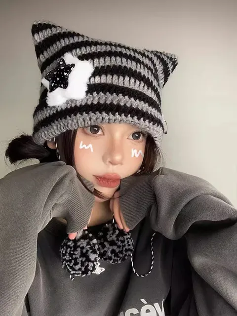 Fashion Y2k Japanese Cat Ear Beanies Rabbit Hair Pom-pom Striped 