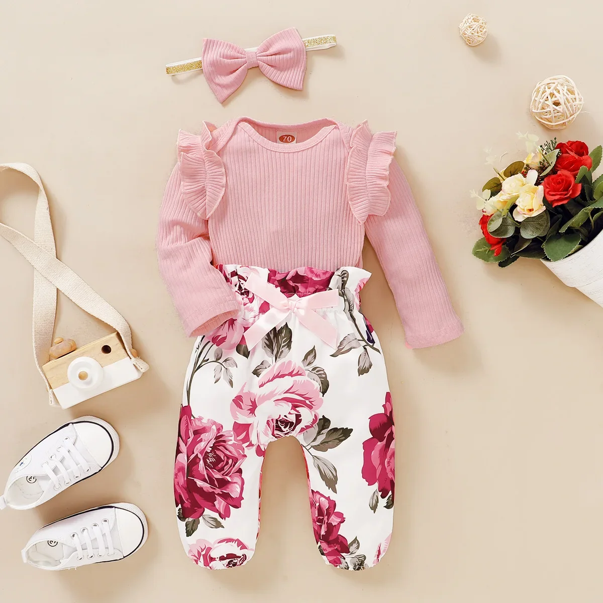 

0-18M Newborn Baby Girls Clothes 3Pcs Set Ruffle Romper Long Sleeves Bow Pants Headband Infant Spring Autumn Toddler Outfit